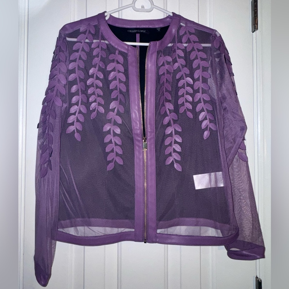 Colleen Lopez Sheer Mesh Leaf / Floral Faux Leather Jacket, Grape Purple, NEW
